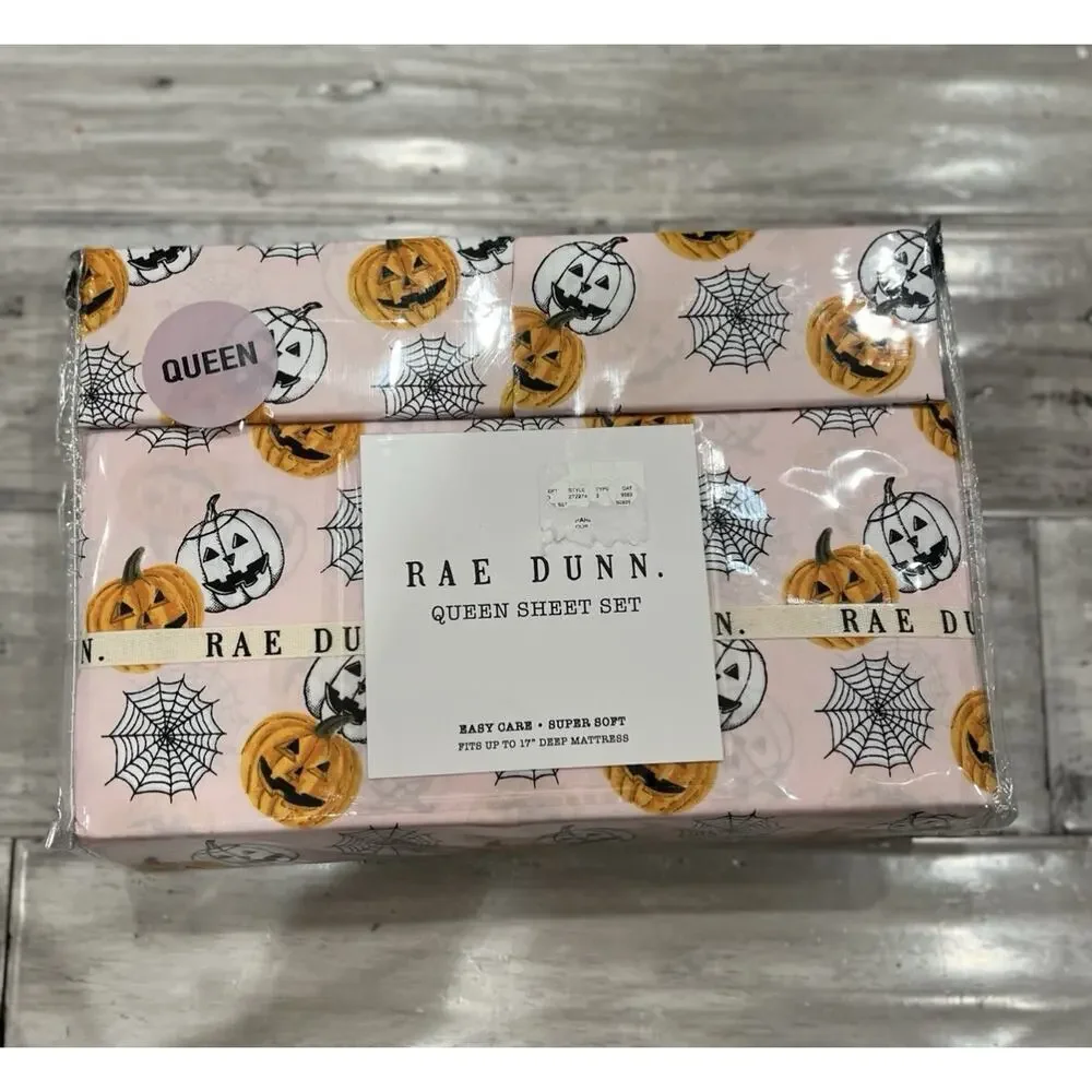 Rae Dunn Halloween Queen Sheet Set Pink With Jack O Lanterns Festive Spooky New